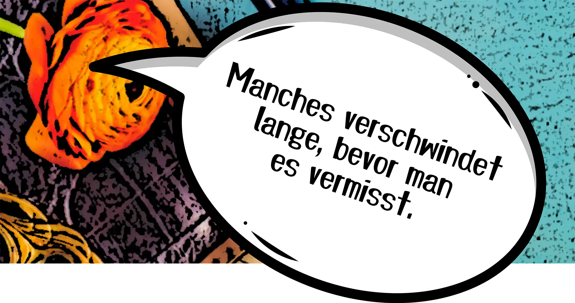 Sprechblase mit Zitat über das Verschwinden von Sprache, daneben ein Buch und ein Füller auf einem Tisch